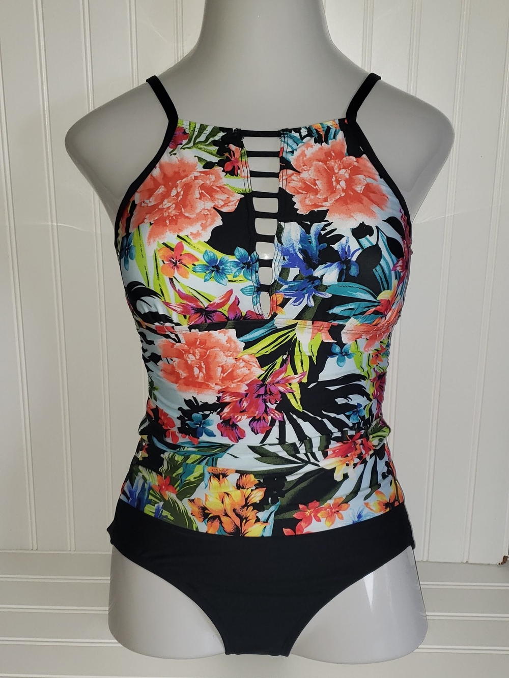 Floral High-Neck One-Piece Swimsuit with Black Bottom XS